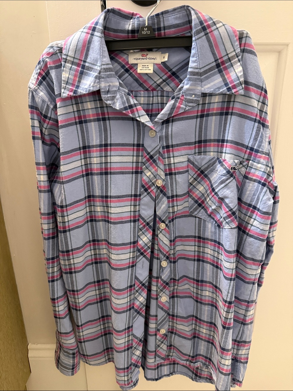 Women’s Vineyard Vines Light Blue Plaid Button-Down Shirt with Pink Accents